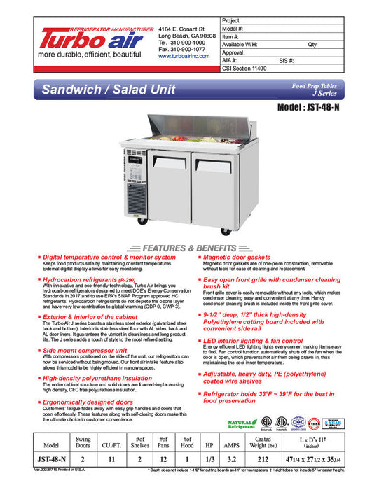 Turbo Air JST-48-N 48" 2 Door Side Mount Compressor Refrigerated Sandwich Prep Table - Donut-Equipment.com