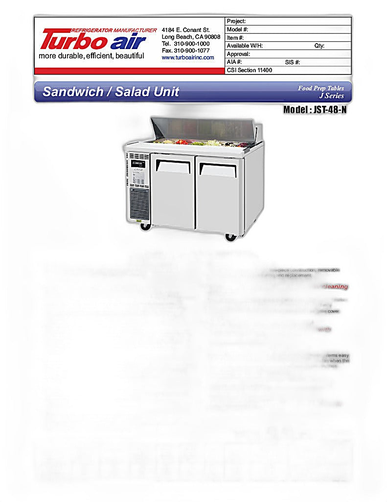 Turbo Air JST-48-N 48" 2 Door Side Mount Compressor Refrigerated Sandwich Prep Table - Donut-Equipment.com