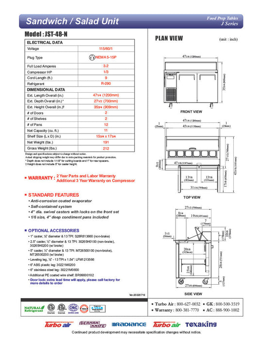 Turbo Air JST-48-N 48" 2 Door Side Mount Compressor Refrigerated Sandwich Prep Table - Donut-Equipment.com