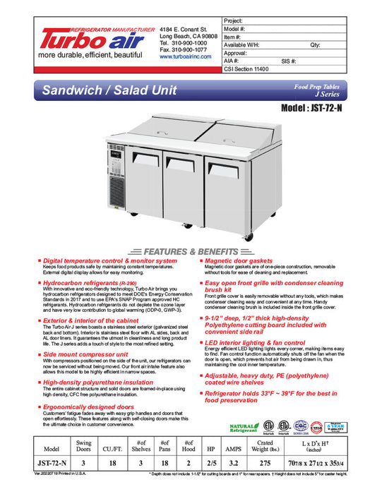 Turbo Air JST-72-N 71" 3 Door Side Mount Compressor Refrigerated Sandwich Prep Table - Donut-Equipment.com
