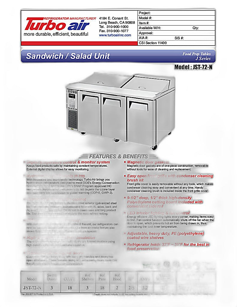 Turbo Air JST-72-N 71" 3 Door Side Mount Compressor Refrigerated Sandwich Prep Table - Donut-Equipment.com