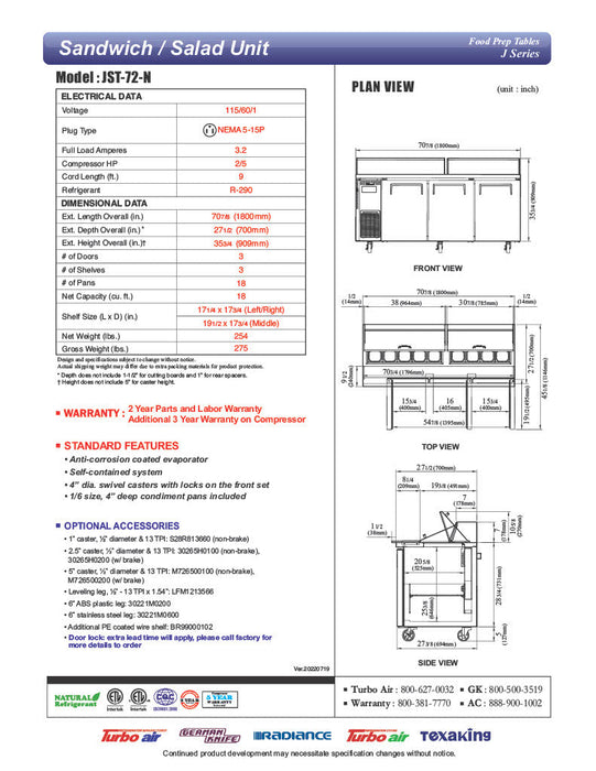 Turbo Air JST-72-N 71" 3 Door Side Mount Compressor Refrigerated Sandwich Prep Table - Donut-Equipment.com