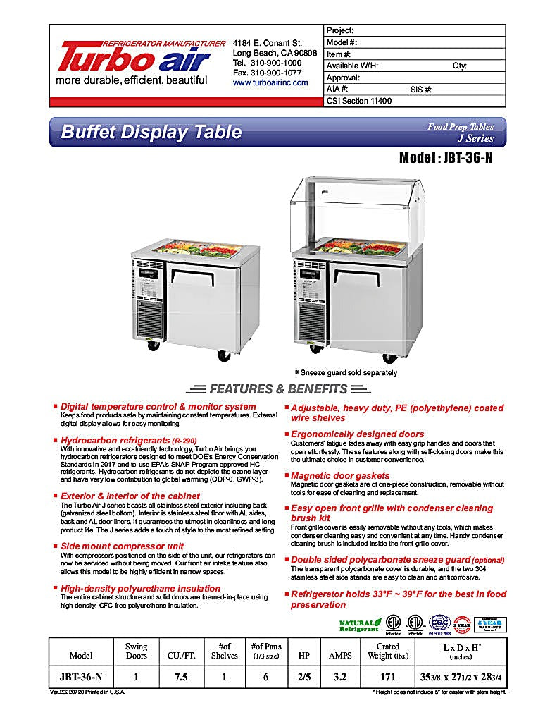 Turbo Air JBT-36-N 35" Stainless Steel Refrigerated Buffet Display Table - Donut-Equipment.com