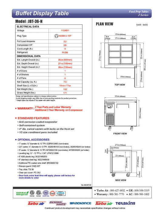 Turbo Air JBT-36-N 35" Stainless Steel Refrigerated Buffet Display Table - Donut-Equipment.com