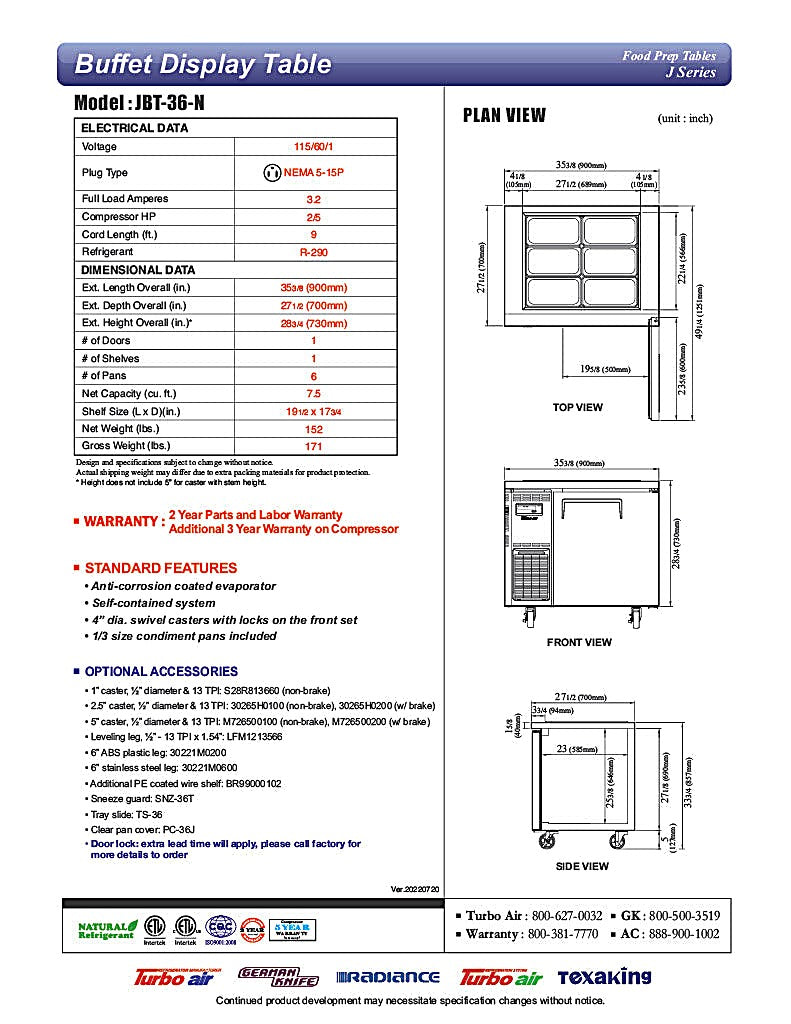 Turbo Air JBT-36-N 35" Stainless Steel Refrigerated Buffet Display Table - Donut-Equipment.com