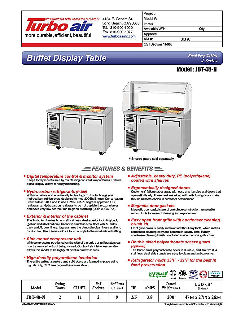 Turbo Air JBT-48-N 47" Stainless Steel Refrigerated Buffet Display Table - Donut-Equipment.com