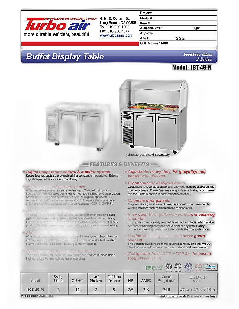 Turbo Air JBT-48-N 47" Stainless Steel Refrigerated Buffet Display Table - Donut-Equipment.com