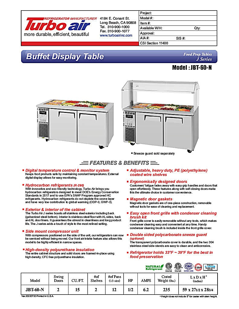 Turbo Air JBT-60-N 59" Stainless Steel Refrigerated Buffet Display Table - Donut-Equipment.com