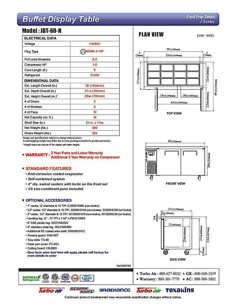 Turbo Air JBT-60-N 59" Stainless Steel Refrigerated Buffet Display Table - Donut-Equipment.com