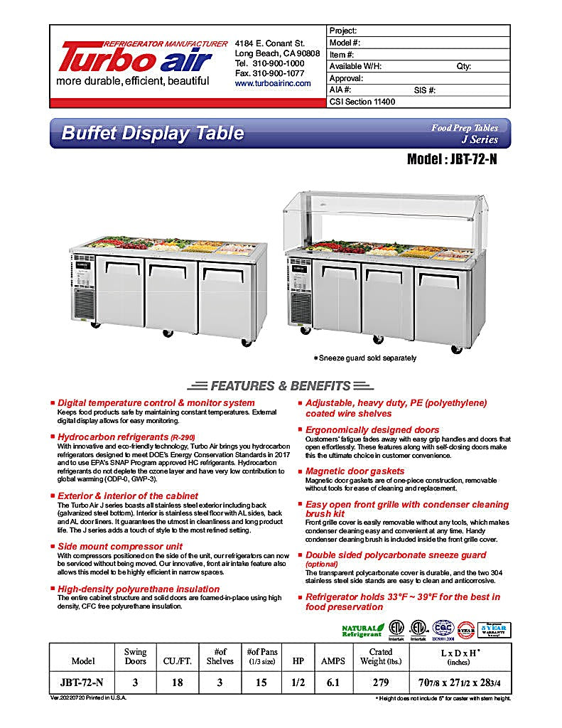Turbo Air JBT-72-N 71" Stainless Steel Refrigerated Buffet Display Table - Donut-Equipment.com