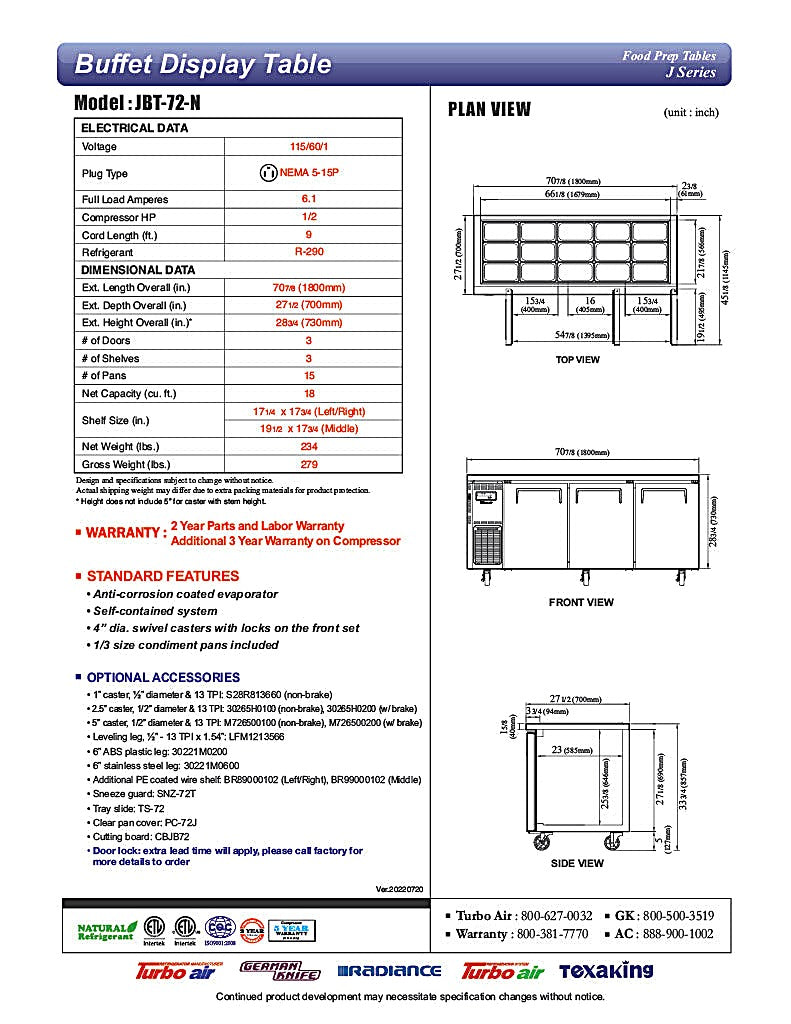 Turbo Air JBT-72-N 71" Stainless Steel Refrigerated Buffet Display Table - Donut-Equipment.com