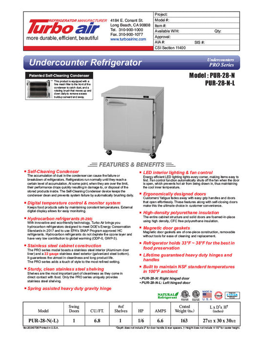 Turbo Air PUR-28-N 27 1/2" W Undercounter Refrigerator w/ 1 Section & 1 Door - Donut-Equipment.com