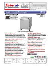 Turbo Air PUR-28-N 27 1/2" W Undercounter Refrigerator w/ 1 Section & 1 Door - Donut-Equipment.com