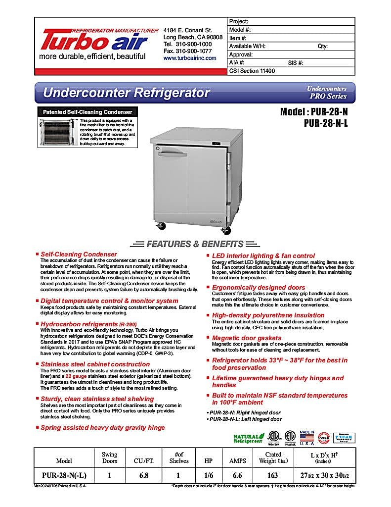 Turbo Air PUR-28-N 27 1/2" W Undercounter Refrigerator w/ 1 Section & 1 Door - Donut-Equipment.com