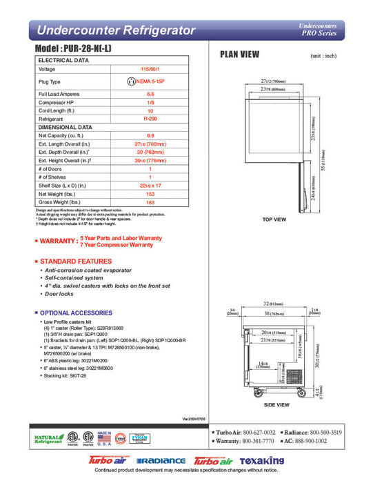 Turbo Air PUR-28-N 27 1/2" W Undercounter Refrigerator w/ 1 Section & 1 Door - Donut-Equipment.com