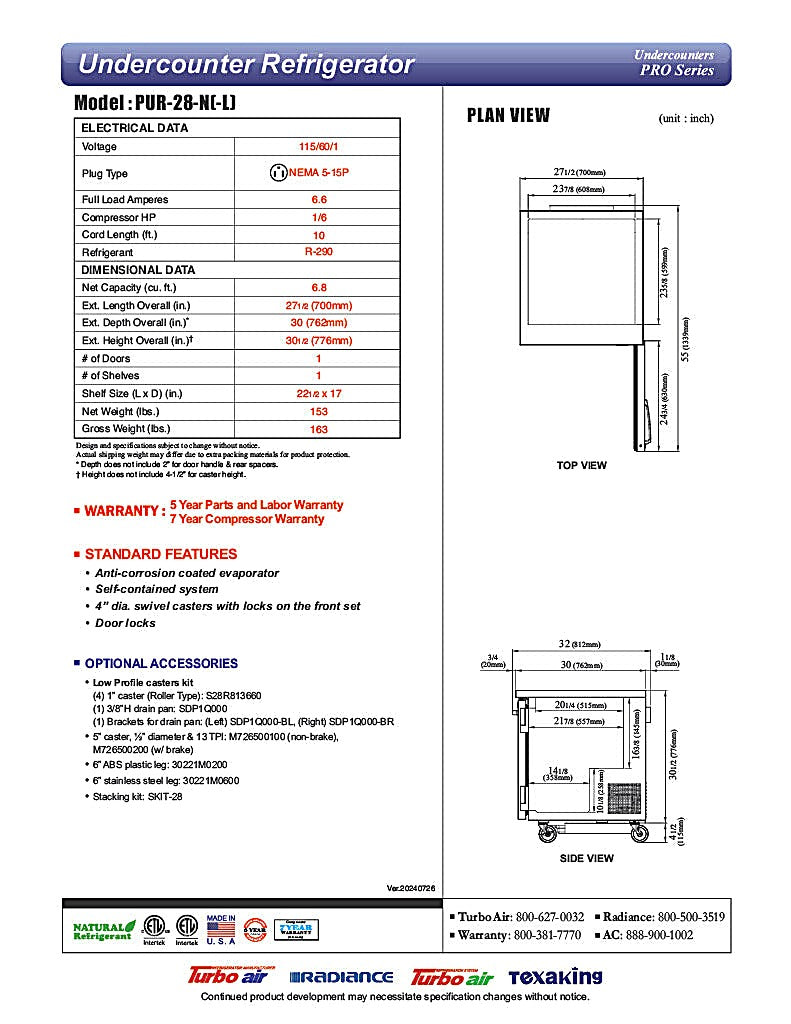 Turbo Air PUR-28-N 27 1/2" W Undercounter Refrigerator w/ 1 Section & 1 Door - Donut-Equipment.com