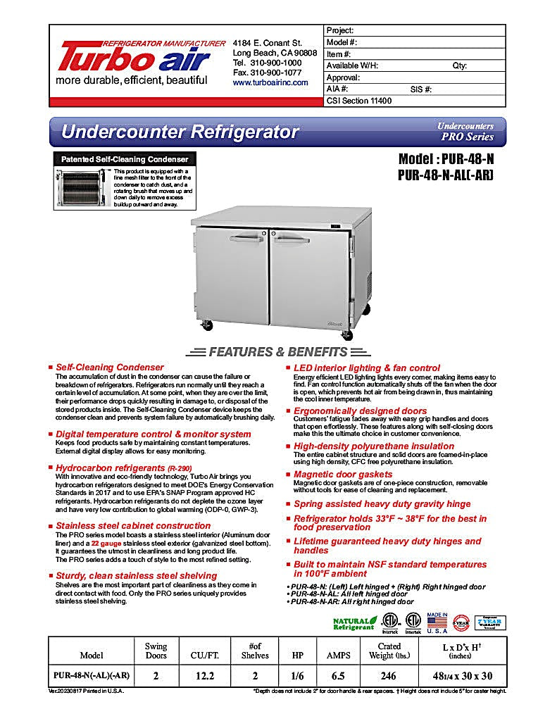 Turbo Air PUR-48-N 48 1/4" W Undercounter Refrigerator w/ 2 Sections & 2 Doors - Donut-Equipment.com