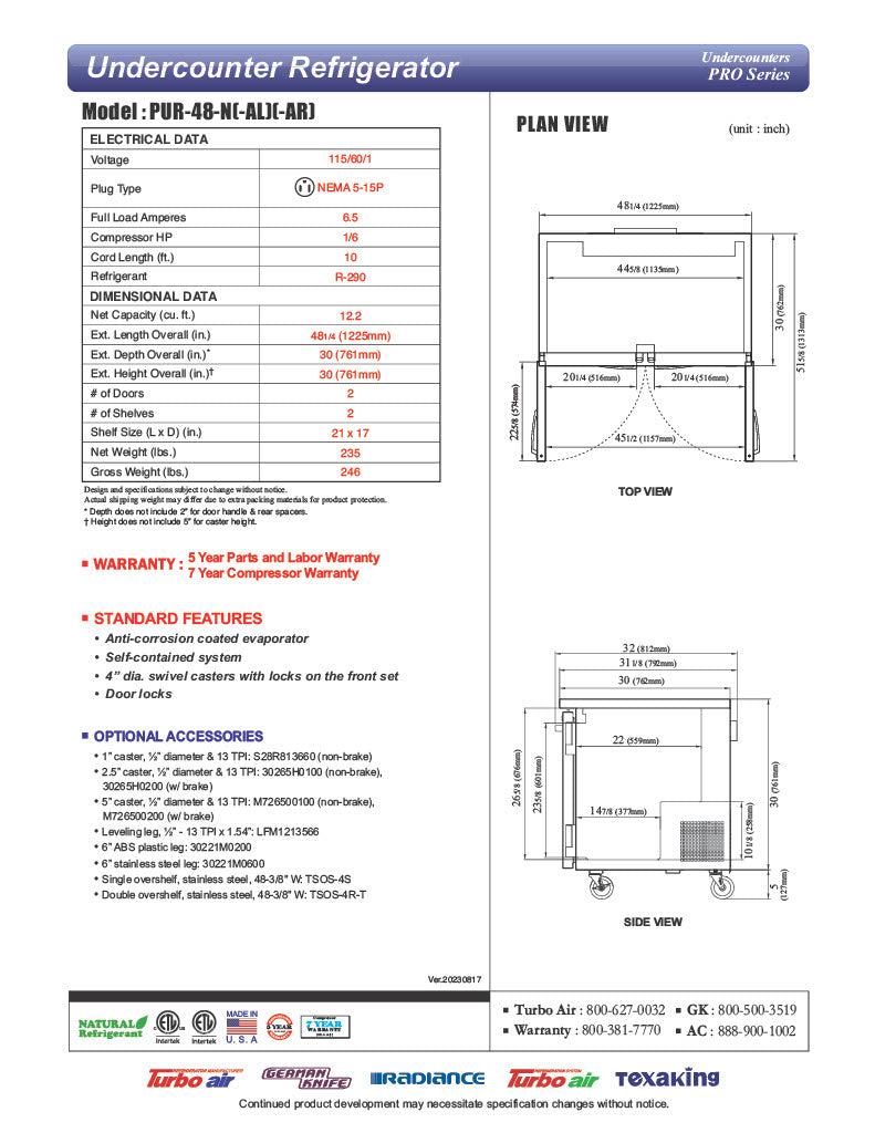 Turbo Air PUR-48-N 48 1/4" W Undercounter Refrigerator w/ 2 Sections & 2 Doors - Donut-Equipment.com
