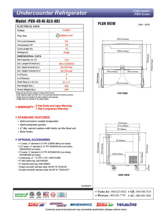 Turbo Air PUR-48-N 48 1/4" W Undercounter Refrigerator w/ 2 Sections & 2 Doors - Donut-Equipment.com