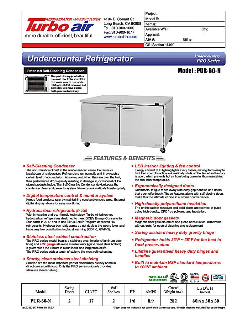 Turbo Air PUR-60-N 60 1/4" W Undercounter Refrigerator w/ 2 Sections & 2 Doors - Donut-Equipment.com