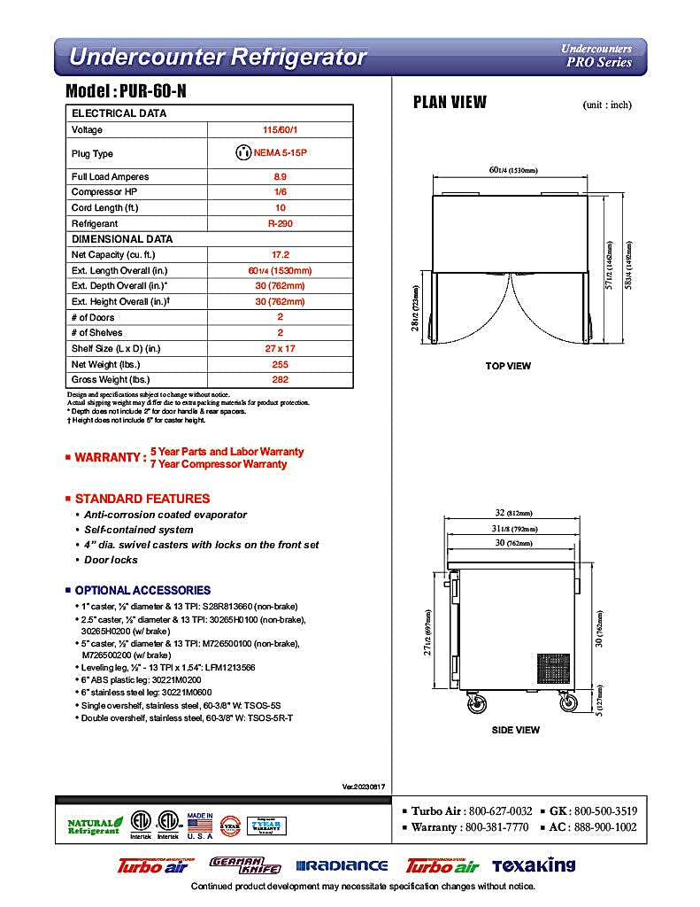 Turbo Air PUR-60-N 60 1/4" W Undercounter Refrigerator w/ 2 Sections & 2 Doors - Donut-Equipment.com