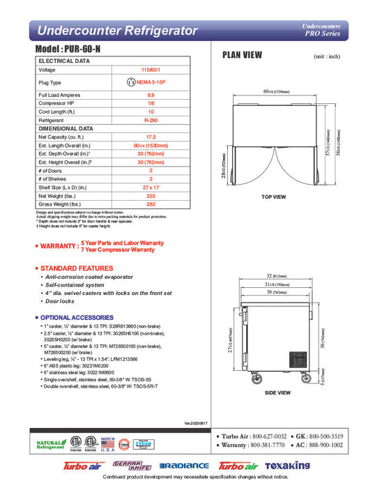 Turbo Air PUR-60-N 60 1/4" W Undercounter Refrigerator w/ 2 Sections & 2 Doors - Donut-Equipment.com