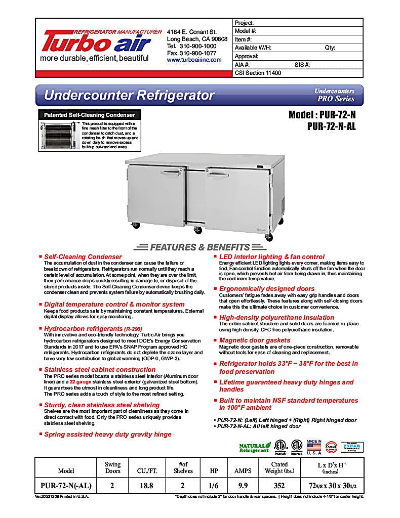 Turbo Air PUR-72-N 72 5/8" W Undercounter Refrigerator w/ 2 Sections & 2 Doors - Donut-Equipment.com