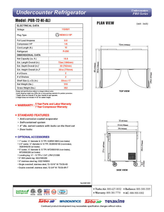 Turbo Air PUR-72-N 72 5/8" W Undercounter Refrigerator w/ 2 Sections & 2 Doors - Donut-Equipment.com