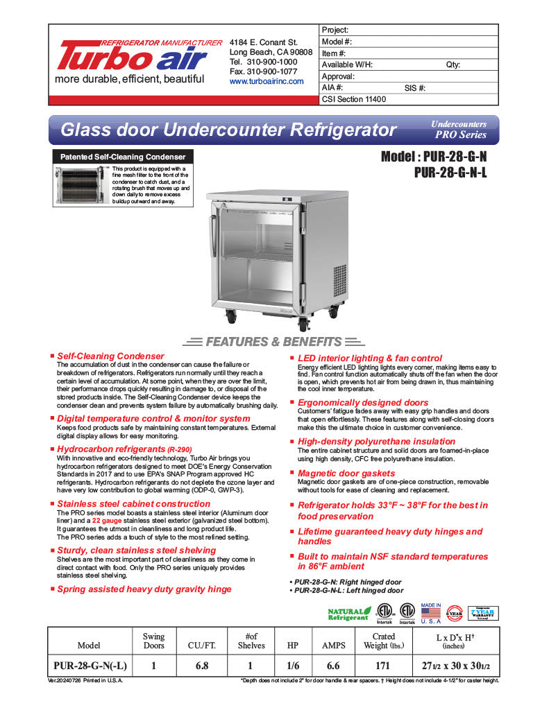Turbo Air PUR-28-G-N 27 1/2" W Undercounter Refrigerator w/ 1 Section & 1 Glass Door - Donut-Equipment.com