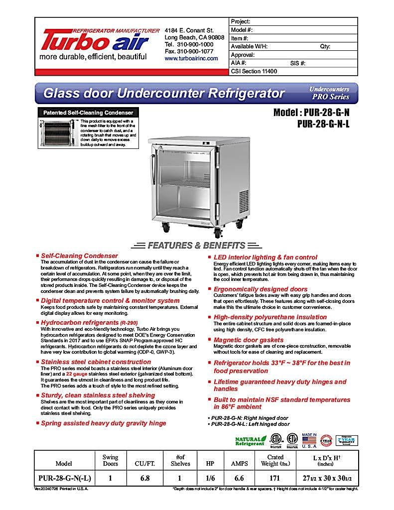 Turbo Air PUR-28-G-N 27 1/2" W Undercounter Refrigerator w/ 1 Section & 1 Glass Door - Donut-Equipment.com