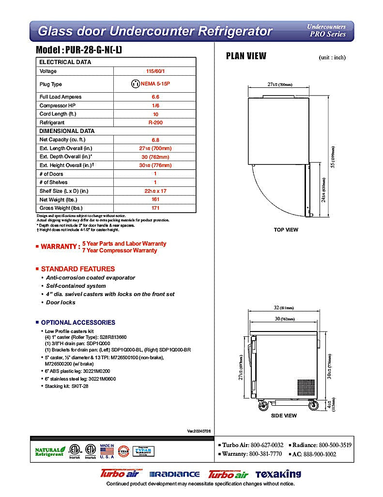 Turbo Air PUR-28-G-N 27 1/2" W Undercounter Refrigerator w/ 1 Section & 1 Glass Door - Donut-Equipment.com