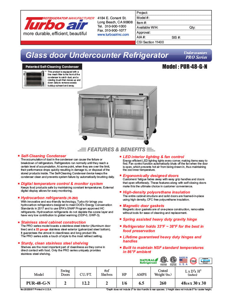Turbo Air PUR-48-G-N 48 1/4" W Undercounter Refrigerator w/ 2 Sections & 2 Glass Doors - Donut-Equipment.com