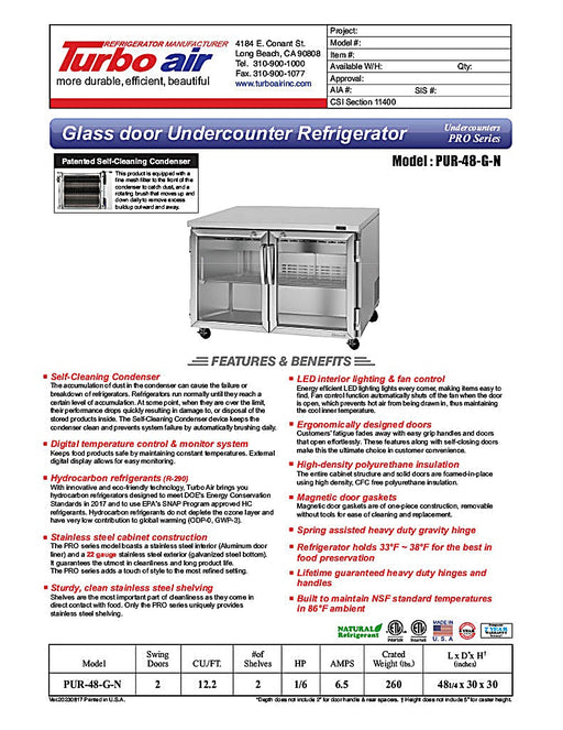 Turbo Air PUR-48-G-N 48 1/4" W Undercounter Refrigerator w/ 2 Sections & 2 Glass Doors - Donut-Equipment.com