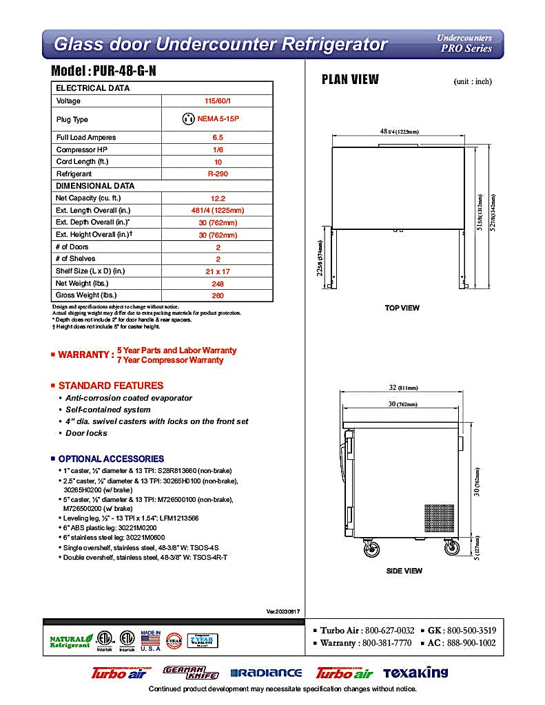 Turbo Air PUR-48-G-N 48 1/4" W Undercounter Refrigerator w/ 2 Sections & 2 Glass Doors - Donut-Equipment.com