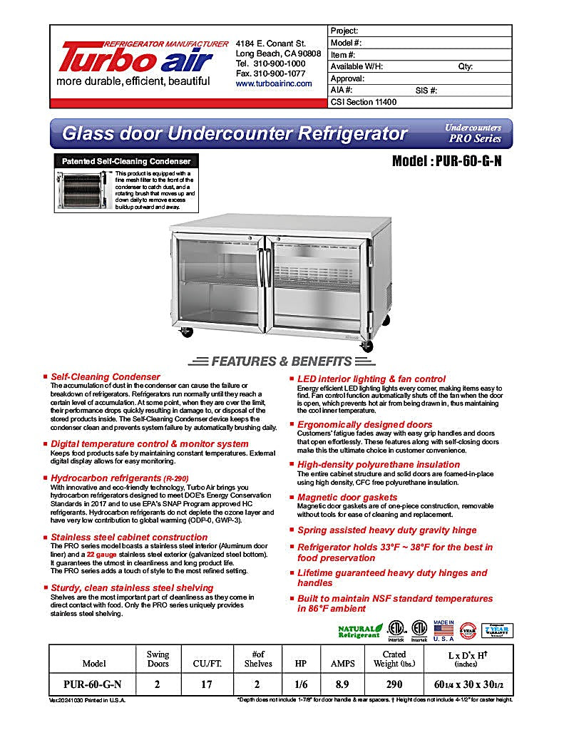 Turbo Air PUR-60-G-N 60 1/4" W Undercounter Refrigerator w/ 2 Sections & 2 Glass Doors - Donut-Equipment.com