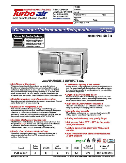 Turbo Air PUR-60-G-N 60 1/4" W Undercounter Refrigerator w/ 2 Sections & 2 Glass Doors - Donut-Equipment.com