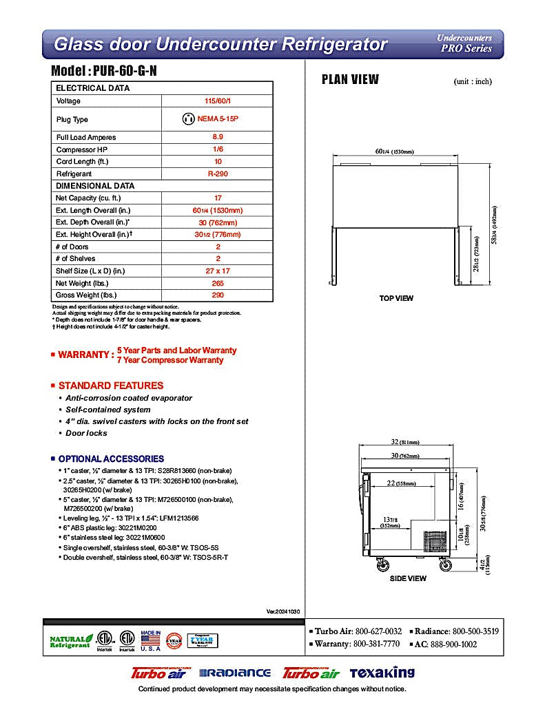 Turbo Air PUR-60-G-N 60 1/4" W Undercounter Refrigerator w/ 2 Sections & 2 Glass Doors - Donut-Equipment.com