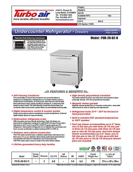 Turbo Air PUR-28-D2-N 27 1/2" W Undercounter Refrigerator w/ 1 Section & 2 Drawers - Donut-Equipment.com