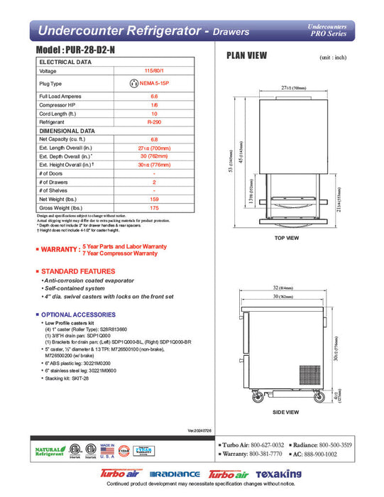 Turbo Air PUR-28-D2-N 27 1/2" W Undercounter Refrigerator w/ 1 Section & 2 Drawers - Donut-Equipment.com