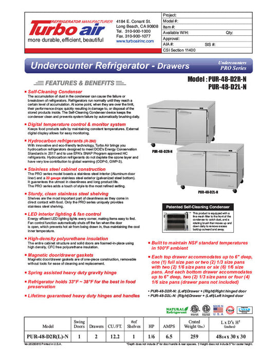 Turbo Air PUR-48-D2R-N 48 1/4" W Undercounter Refrigerator w/ (2) Sections - (1) Door & (2) Drawers - Donut-Equipment.com