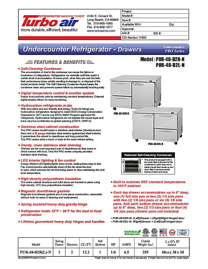 Turbo Air PUR-48-D2R-N 48 1/4" W Undercounter Refrigerator w/ (2) Sections - (1) Door & (2) Drawers - Donut-Equipment.com