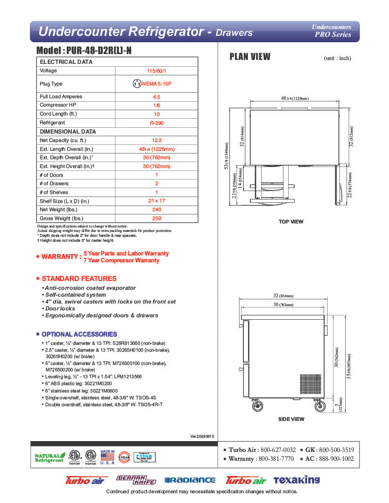 Turbo Air PUR-48-D2R-N 48 1/4" W Undercounter Refrigerator w/ (2) Sections - (1) Door & (2) Drawers - Donut-Equipment.com