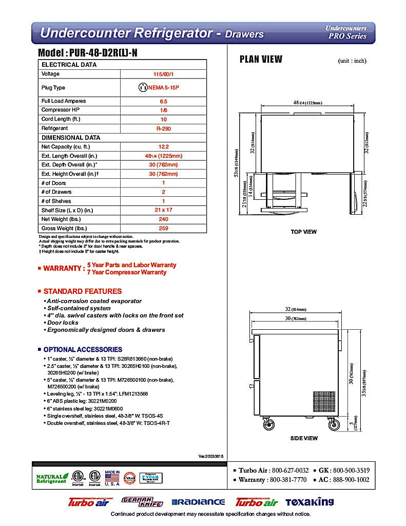 Turbo Air PUR-48-D2R-N 48 1/4" W Undercounter Refrigerator w/ (2) Sections - (1) Door & (2) Drawers - Donut-Equipment.com
