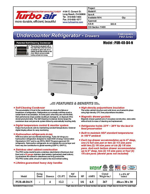 Turbo Air PUR-48-D4-N 48 1/4" W Undercounter Refrigerator w/ 2 Sections & 4 Drawers - Donut-Equipment.com