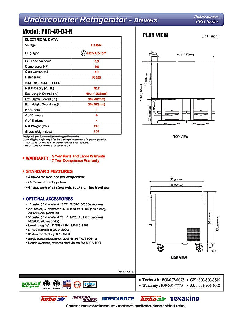 Turbo Air PUR-48-D4-N 48 1/4" W Undercounter Refrigerator w/ 2 Sections & 4 Drawers - Donut-Equipment.com