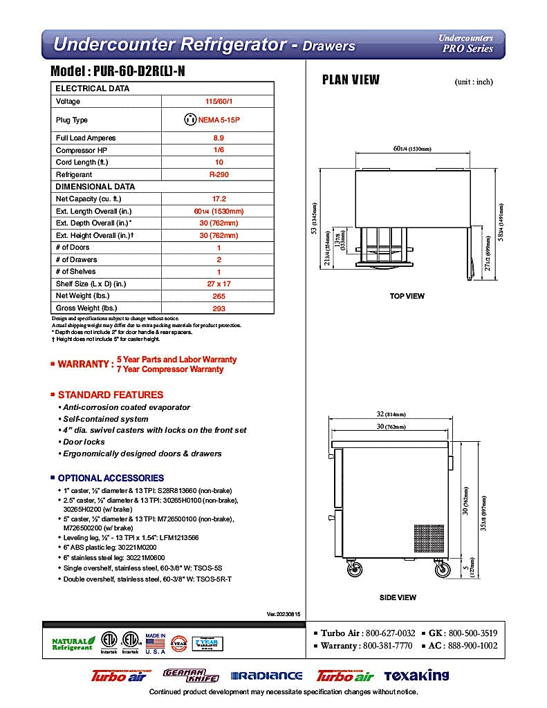 Turbo Air PUR-60-D2R-N 60 1/4" Undercounter Refrigerator w/ (2) Sections - (1) Door & (2) Drawers - Donut-Equipment.com