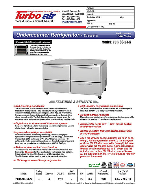 Turbo Air PUR-60-D4-N 60 1/4" W Undercounter Refrigerator w/ 2 Sections & 4 Drawers - Donut-Equipment.com