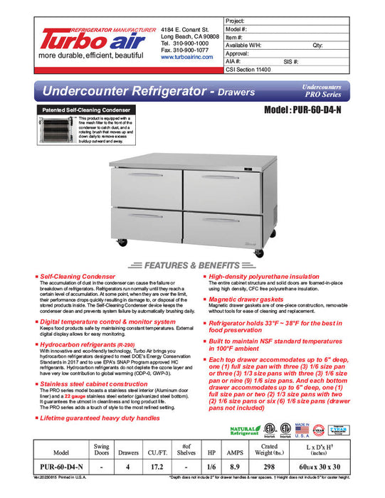 Turbo Air PUR-60-D4-N 60 1/4" W Undercounter Refrigerator w/ 2 Sections & 4 Drawers - Donut-Equipment.com