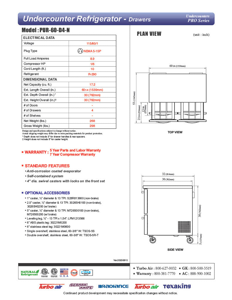 Turbo Air PUR-60-D4-N 60 1/4" W Undercounter Refrigerator w/ 2 Sections & 4 Drawers - Donut-Equipment.com