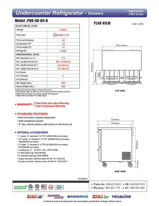 Turbo Air PUR-60-D4-N 60 1/4" W Undercounter Refrigerator w/ 2 Sections & 4 Drawers - Donut-Equipment.com
